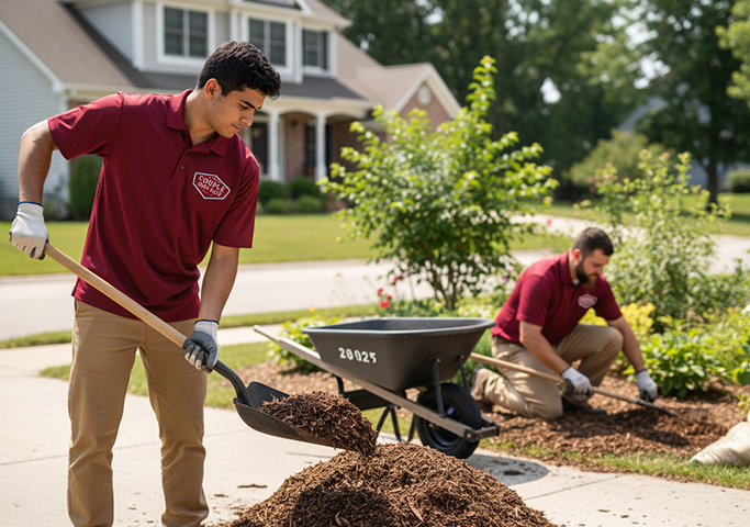 Two landscapers in matching uniforms spread mulch in a residential yard. One shovels mulch from a pile, while the other kneels to spread it around plants. A wheelbarrow is nearby, and houses are visible in the background.