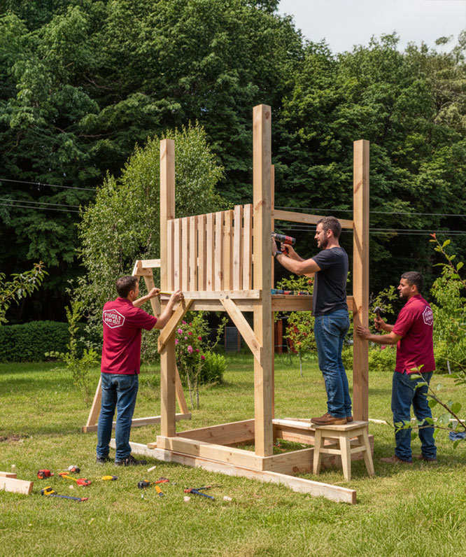 Three men are assembling a wooden structure outdoors on a grassy area, surrounded by trees. One man stands on a step stool using a power drill, while the others hold the wood in place. Tools are scattered on the ground.