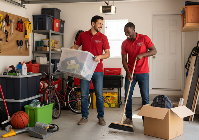 Two men in matching red shirts organize a garage, one holding a plastic bin and smiling, the other sweeping the floor. Various storage bins, a bicycle, and sports equipment are visible around them.