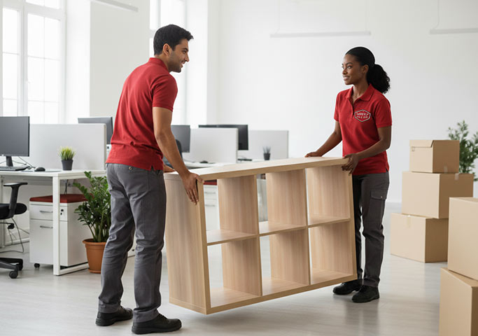 Two movers wearing red shirts and gray pants carry a wooden shelving unit in a modern office with desks, computers, plants, and cardboard boxes around them.