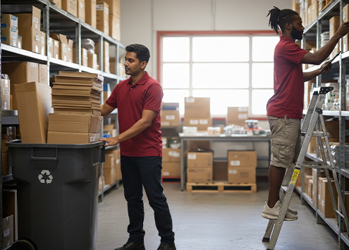 Two men in red shirts organize cardboard boxes on shelves in a warehouse. One man stands by a recycling bin with boxes, while the other uses a step ladder to reach higher shelves. Sunlight enters through a large window in the background.