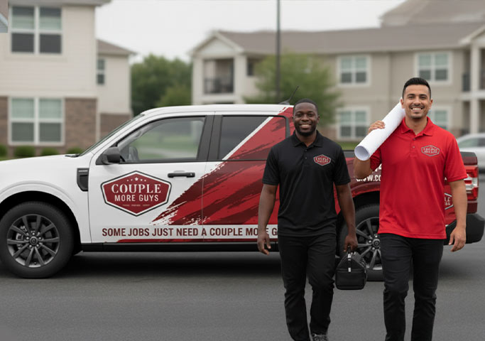 Two smiling men in black and red shirts walk in front of a white pickup truck with A Couple More Guys logo. One carries a tool bag, the other carries rolled blueprints. Apartment buildings are in the background.