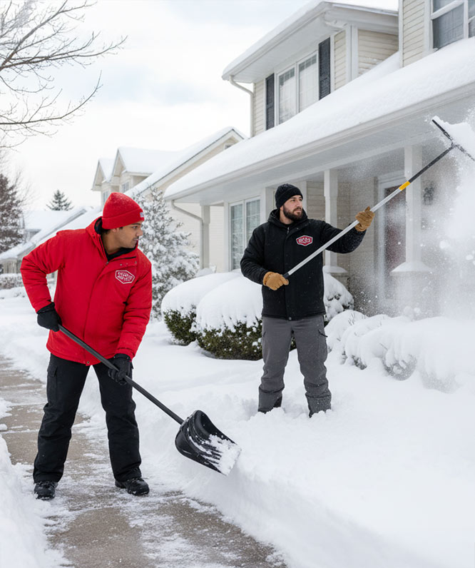 Two men wearing winter jackets are clearing snow outside a house; one is shoveling a sidewalk while the other uses a roof rake to remove snow from the roof. Snow covers the ground, bushes, and rooftops.