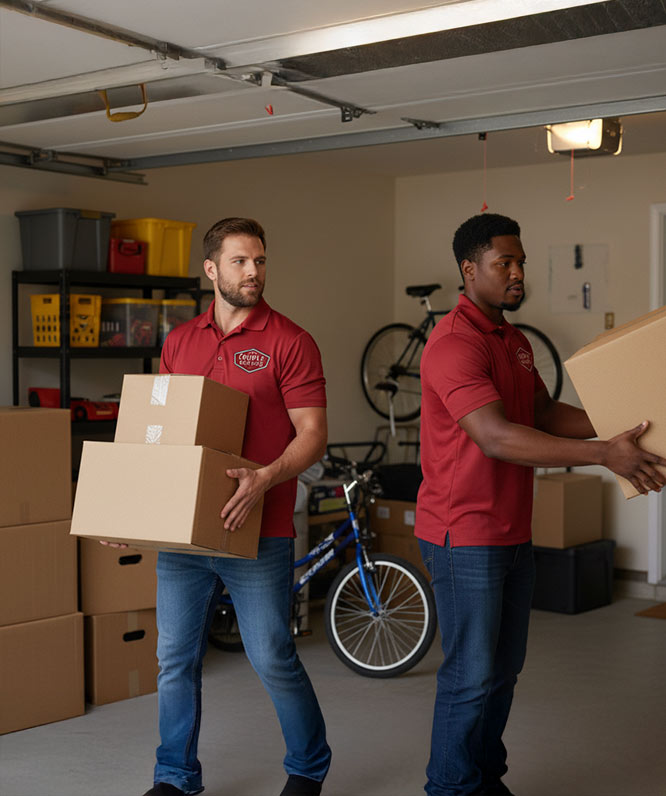 Two men wearing red polo shirts are carrying cardboard boxes in a garage filled with more boxes, shelves, and a bicycle.