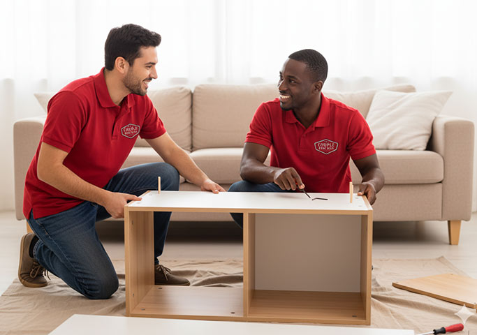 Two men in red shirts kneel on the floor, assembling a piece of wooden furniture together in a living room. They are smiling and appear to be enjoying the task. A beige sofa is in the background.