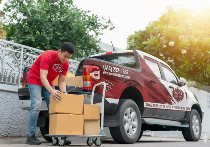 A man in a red shirt loads cardboard boxes onto a trolley beside a branded pickup truck parked on a street. The truck displays contact details and a logo for a moving or delivery company.