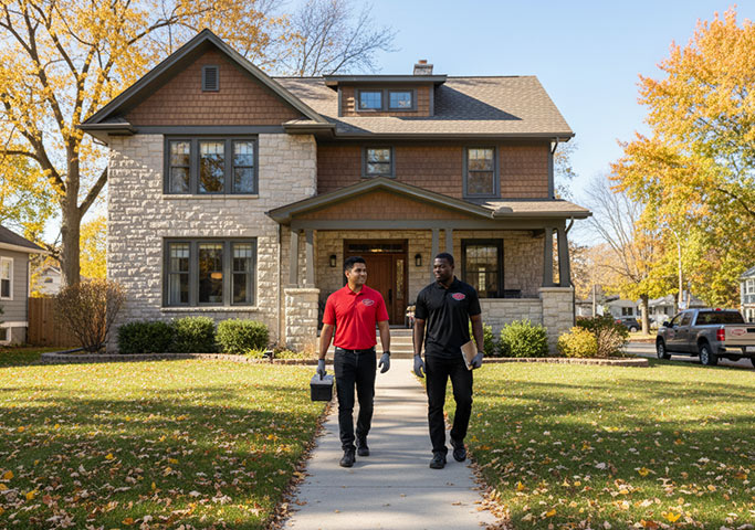 Two men wearing uniforms walk down the sidewalk in front of a large, two-story house with autumn trees and fallen leaves in the yard. One man carries a toolbox and the other holds a tablet.