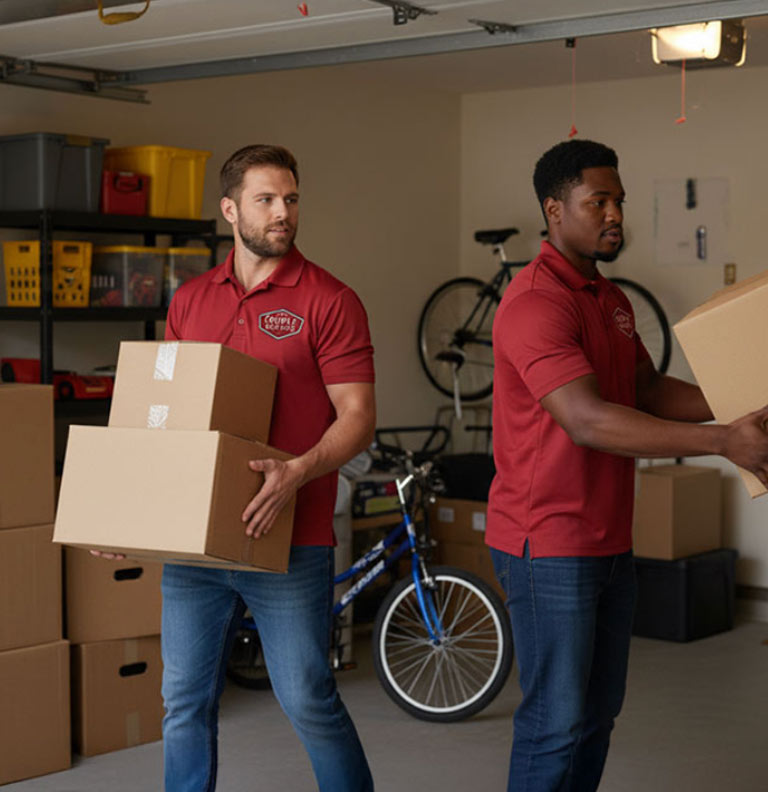 Two movers in red polo shirts carry cardboard boxes in a garage filled with more boxes and a bicycle. Shelves with storage bins are visible in the background.