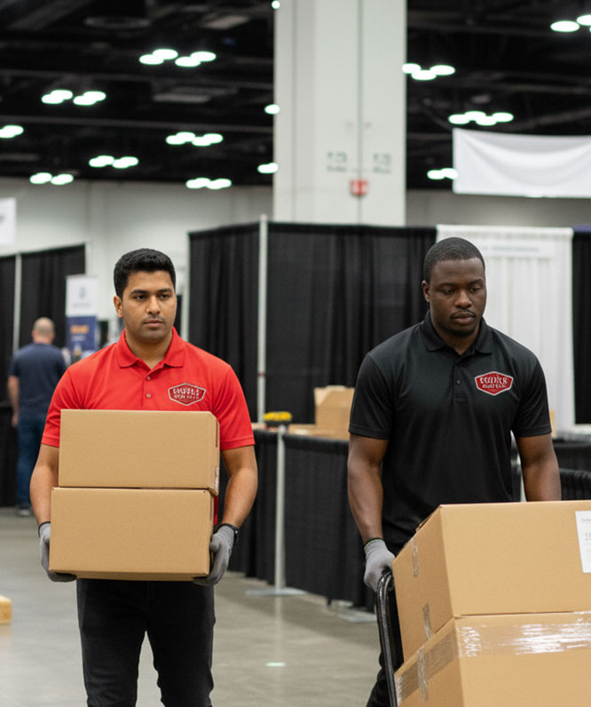 Two men wearing gloves and colored polo shirts with company logos carry large cardboard boxes inside a convention center with black curtains and other people in the background.