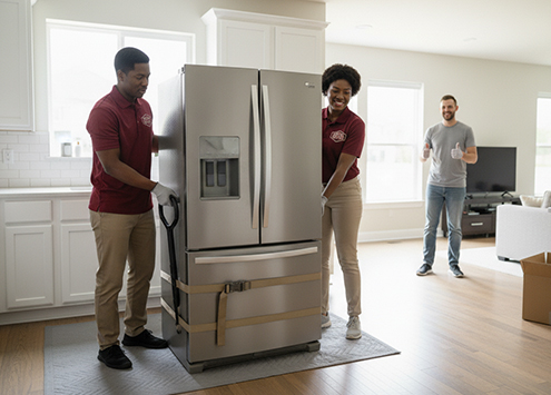 Two delivery workers in matching uniforms move a large stainless steel refrigerator into a bright kitchen, while a person in the background stands near a TV and gives a thumbs-up gesture.