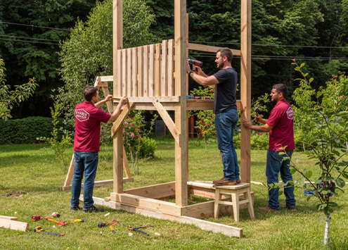 Three men are assembling a wooden structure outdoors on grass, surrounded by trees. One man stands on a stool using a power drill while the others hold and secure wooden boards. Tools are scattered on the ground nearby.