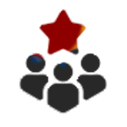 Three black silhouettes of people are grouped together below a large red star on a white background.