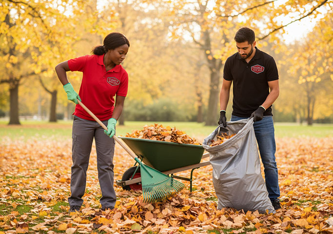 Two people wearing uniforms rake and collect fallen autumn leaves into a wheelbarrow and a large bag in a park with colorful trees in the background.