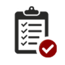 Icon of a black clipboard with a checklist of four items, each marked with a checkmark. A large red circle with a white checkmark overlaps the bottom right corner of the clipboard.