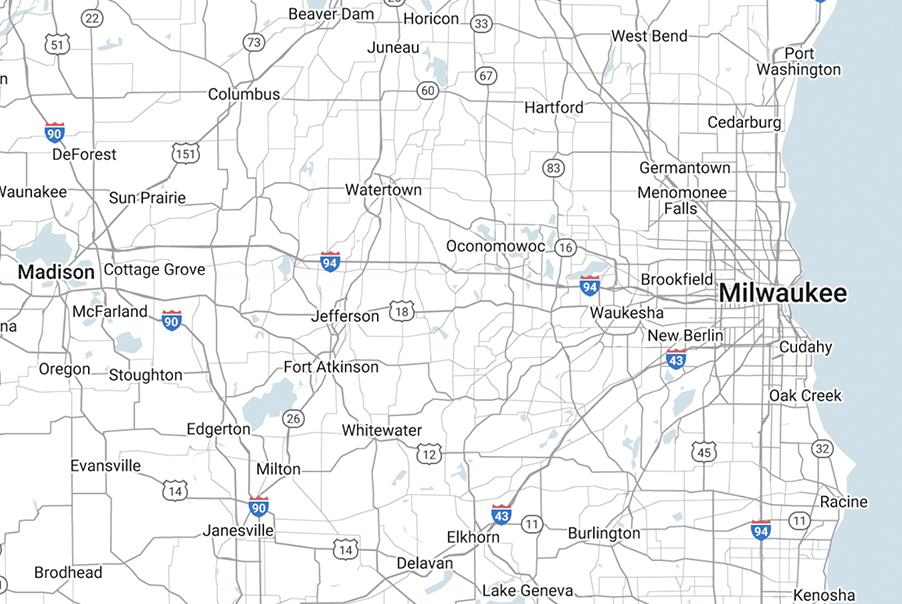 A map showing southeastern Wisconsin, highlighting cities such as Milwaukee, Madison, Waukesha, Oconomowoc, and Jefferson, with major highways including I-94 and I-43 visible.
