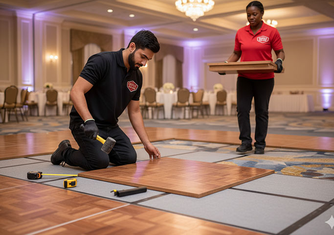 Two workers in uniforms assemble a wooden dance floor in a banquet hall. One kneels and uses a mallet on a floor panel, while the other stands holding another panel. Tables and chairs are seen in the background.
