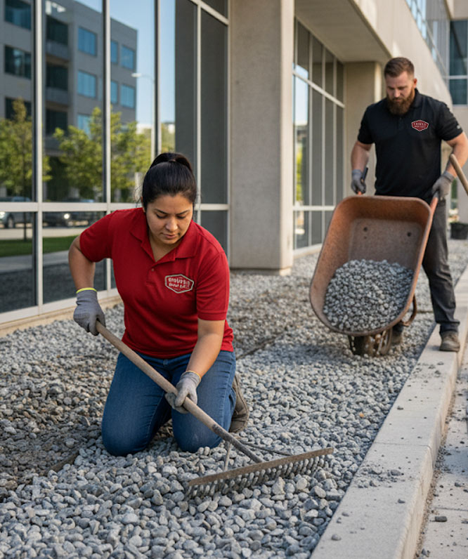 A woman kneels and spreads gravel with a rake while a man pushes a wheelbarrow full of gravel on a path beside a modern building with large windows.