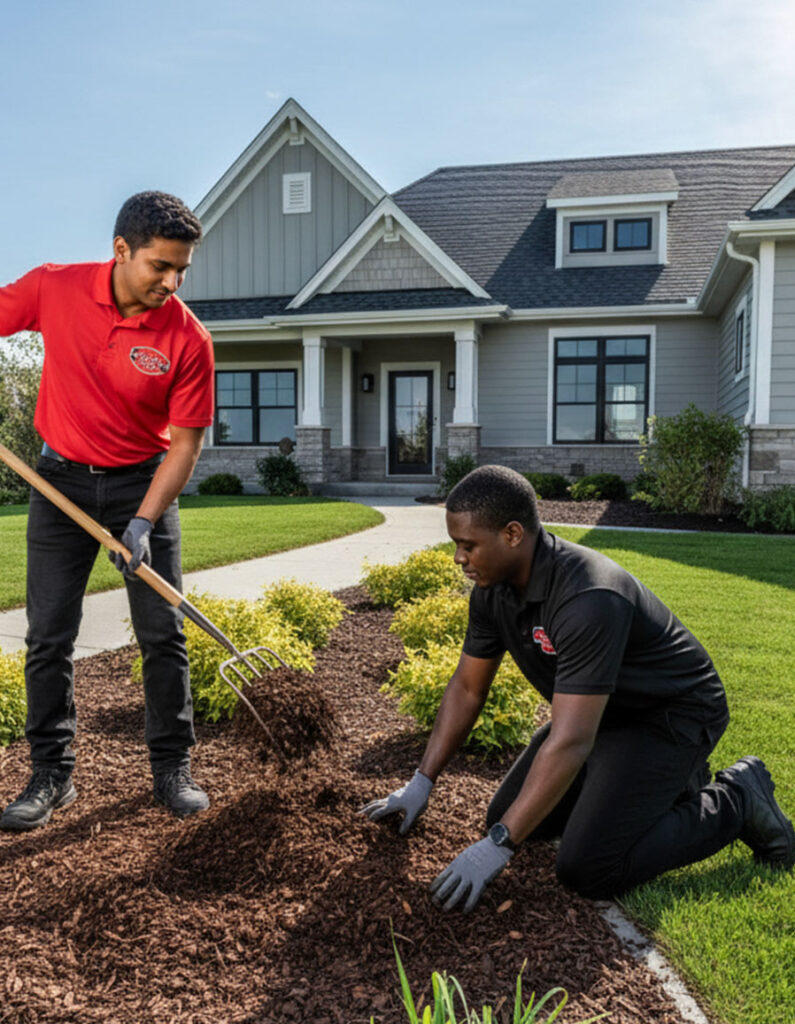 Two men are working in a garden bed outside a modern house; one is spreading mulch with a pitchfork while the other arranges mulch by hand, both wearing gloves and uniforms.