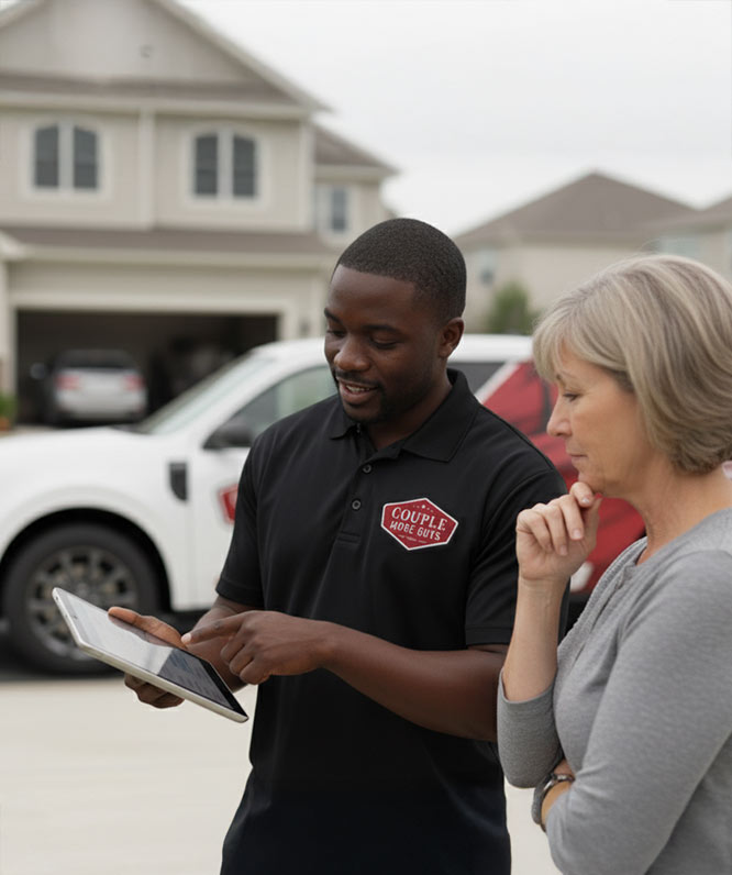 A man in a black polo shirt with a company logo shows information on a tablet to a woman with short gray hair outside, with houses and a white company vehicle in the background.