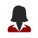 A simple icon of a woman with shoulder-length hair, wearing a red jacket and a white collared shirt, shown in silhouette style on a white background.
