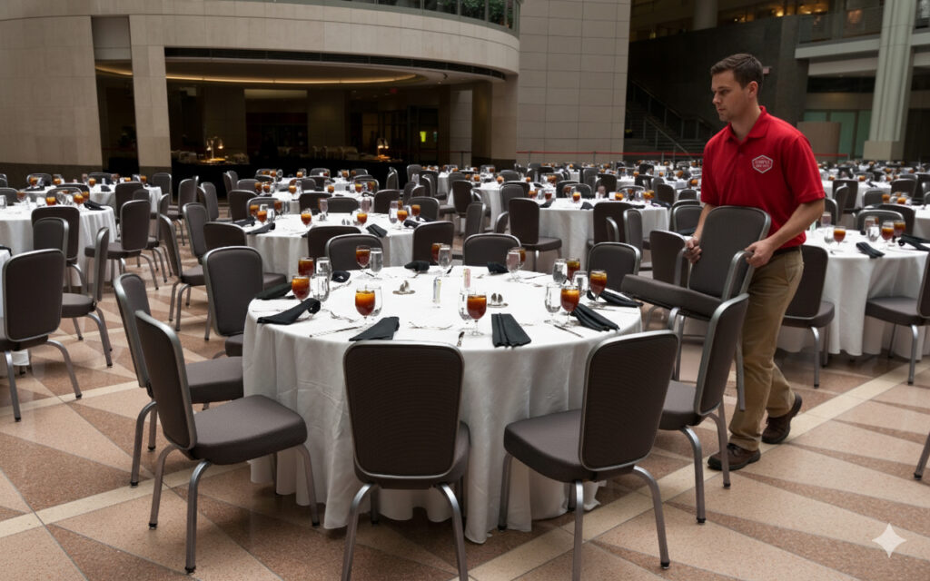 A man in a red shirt sets up chairs around round tables covered with white cloths and set with drinks, silverware, and napkins in a large, modern indoor event space.
