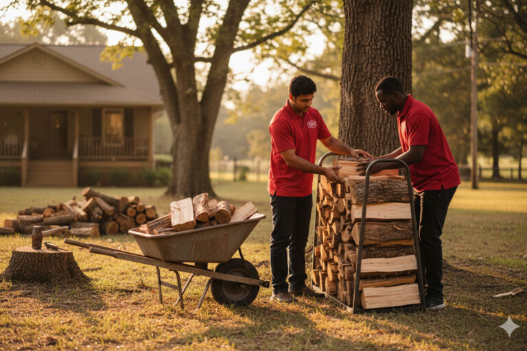 Two men in red shirts stack firewood on a metal cart outdoors beside a wheelbarrow, with a house, trees, and chopped logs in the background on a sunny day.