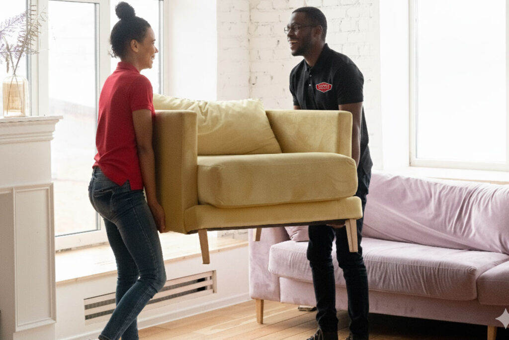 Two people smile as they lift a yellow armchair together in a bright living room with a purple sofa and large windows in the background.