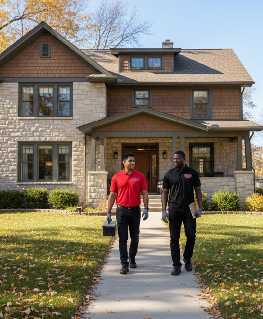 Two men wearing uniforms walk down the path from a large stone and wood house. One carries a toolbox and the other holds a clipboard. It is a sunny day with autumn leaves on the grass.