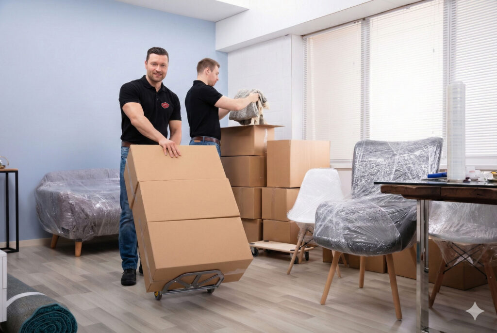 Two men in black shirts move and pack cardboard boxes in a bright room with wrapped furniture and lots of moving boxes, preparing for relocation.