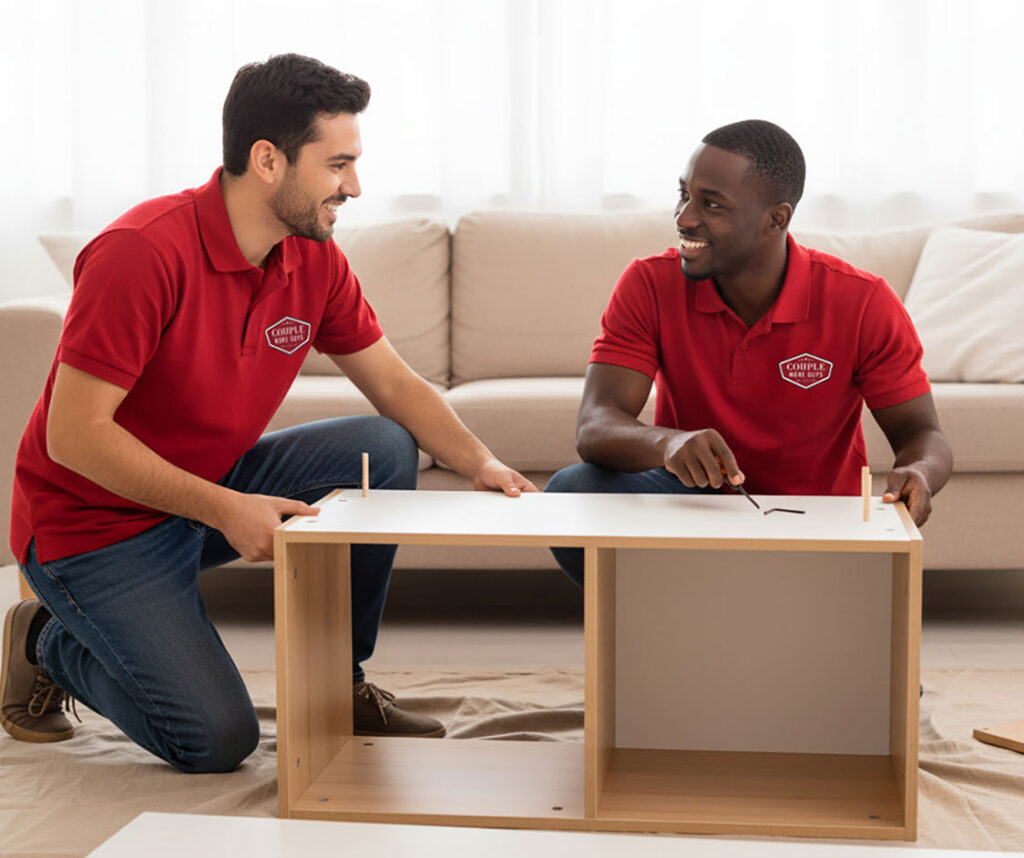 Two men in matching red shirts assemble a wooden piece of furniture together in a living room, smiling and talking as they work. A beige sofa and cushions are visible in the background.