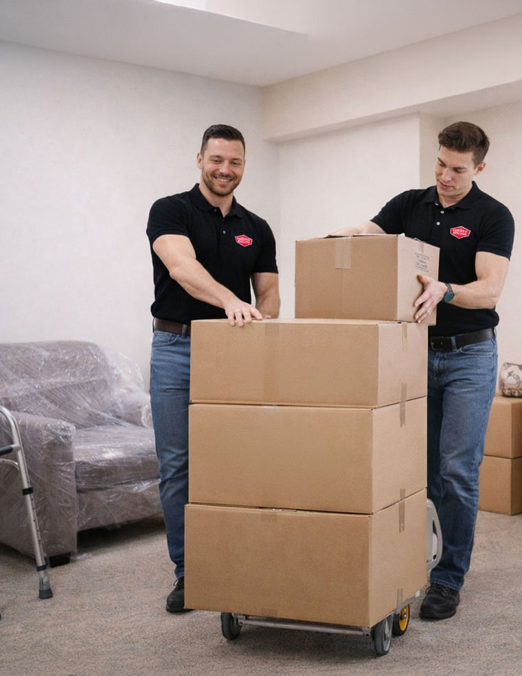 Two men in black polo shirts and jeans are moving four cardboard boxes on a dolly inside a room. One man is pushing the dolly while the other steadies the top box. A wrapped chair and a walker are in the background.