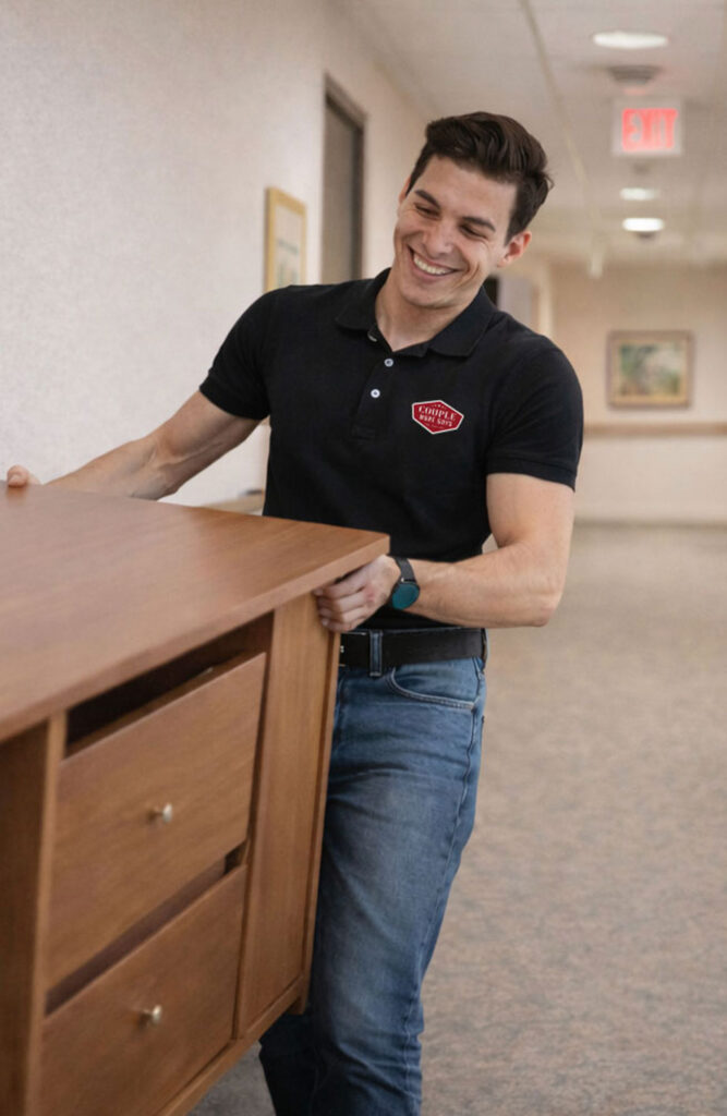 A smiling man in a black polo shirt and jeans carries a wooden dresser down a hallway with light-colored walls and pictures hanging on them.