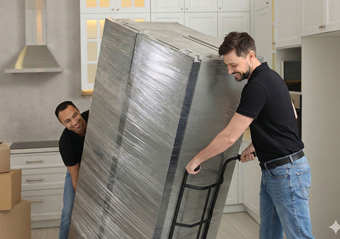 Two men in black shirts and jeans are moving a large, plastic-wrapped refrigerator with a hand truck in a modern kitchen with white cabinets and packed boxes.