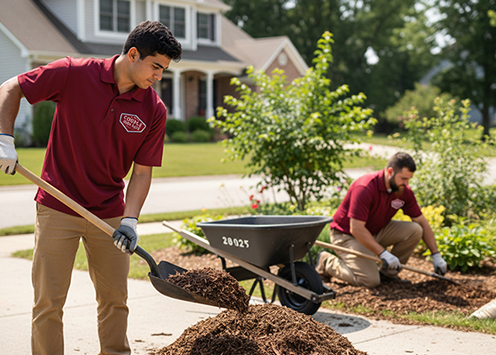 Two landscapers in matching uniforms spread mulch in a suburban yard; one shovels mulch near a wheelbarrow while the other arranges mulch around plants. A house and lawn are visible in the background.