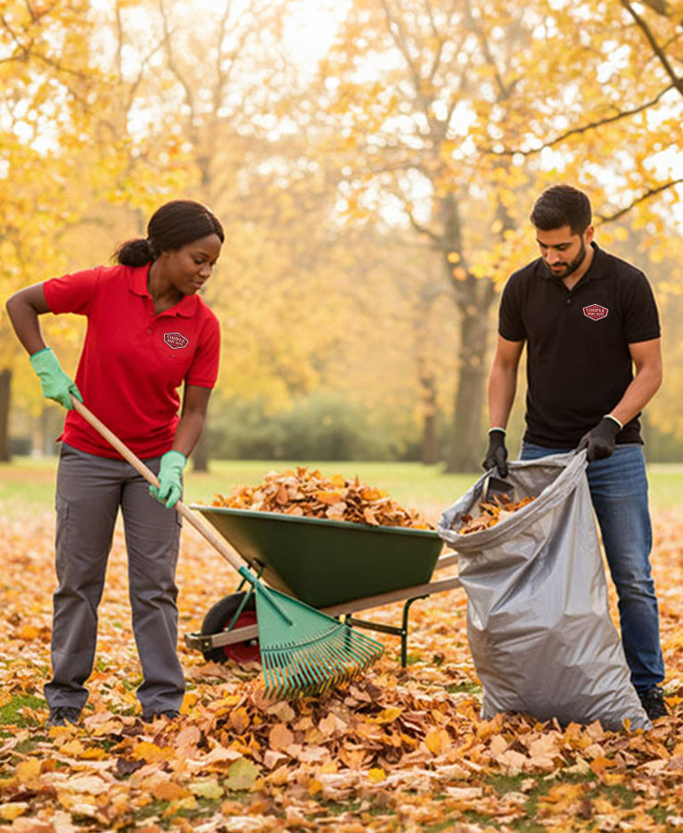 Two people wearing gloves and company shirts rake and bag autumn leaves in a park filled with trees and fallen leaves. One person uses a rake while the other holds a bag open next to a wheelbarrow.