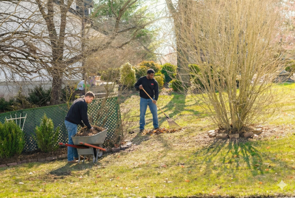 Two people are raking leaves and placing them into a wheelbarrow in a sunny backyard surrounded by trees and shrubs, with a house partially visible on the left.