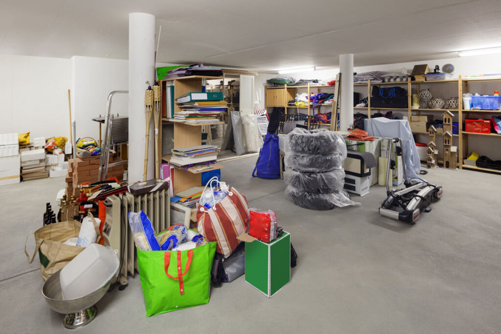 A spacious basement storage room with concrete floors, filled with shelves, boxes, bags, tires, and various household items neatly organized and stacked in different areas.