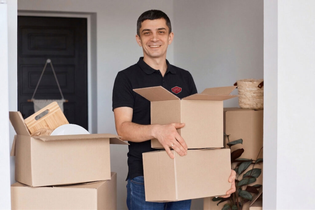 A man stands indoors, smiling while holding two cardboard boxes. Around him are more boxes, a cutting board, and household items, suggesting he is moving in or out of a home.