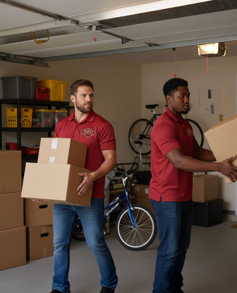Two men in matching red polo shirts carry cardboard boxes in a garage. The garage has shelves with storage bins, a bicycle, and more boxes stacked around. The men appear to be moving or organizing items.