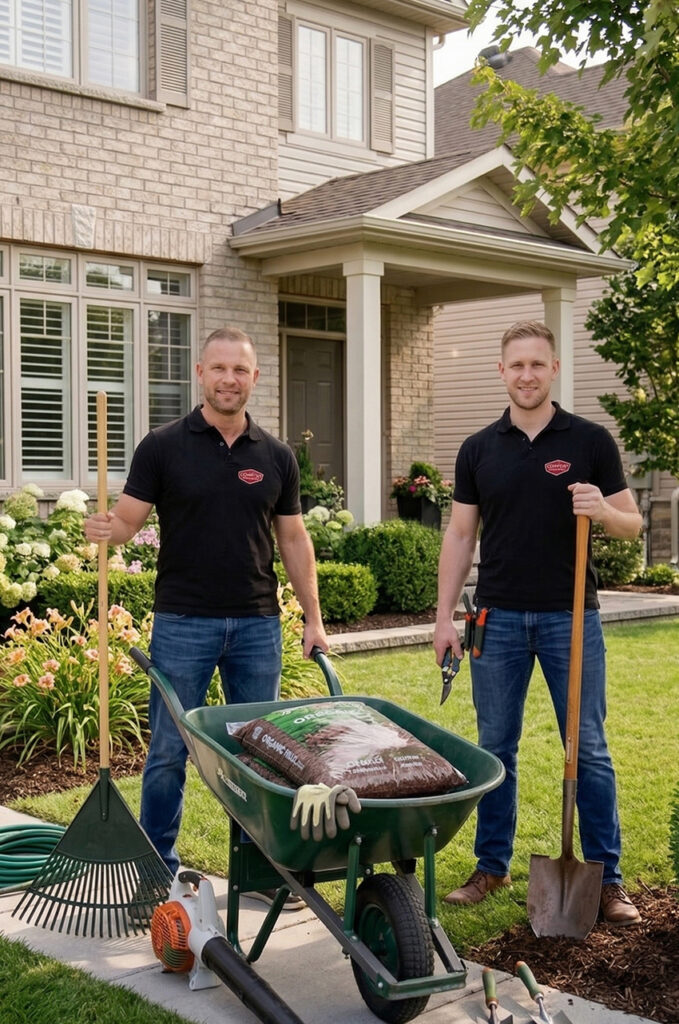 Two men wearing black polo shirts stand in front of a house, smiling, holding gardening tools. A wheelbarrow with soil bags, gloves, and more tools is in front of them on a neatly kept lawn with plants and flowers.