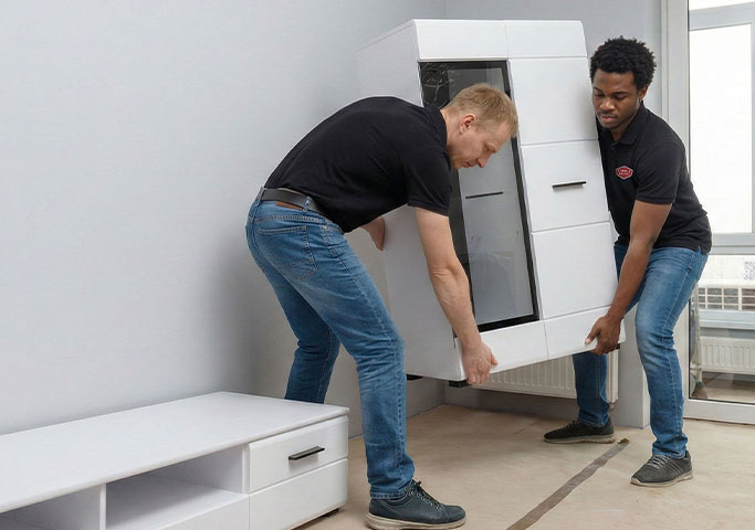 Two men wearing black shirts and jeans are lifting a white cabinet together inside a room with white walls and light flooring. A white TV stand is placed nearby.