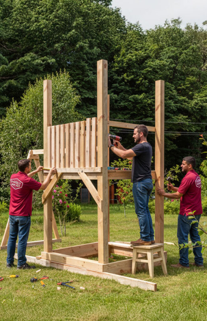 Three men assemble a wooden play structure frame outdoors on grass, using tools; one stands on a stool to secure a vertical slat panel while the others hold the frame steady. Trees and plants are in the background.