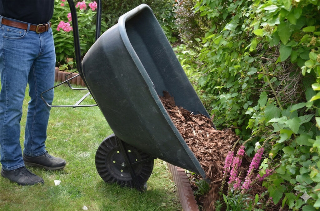 A person tips a wheelbarrow to pour brown mulch onto a garden bed next to green plants and pink flowers.
