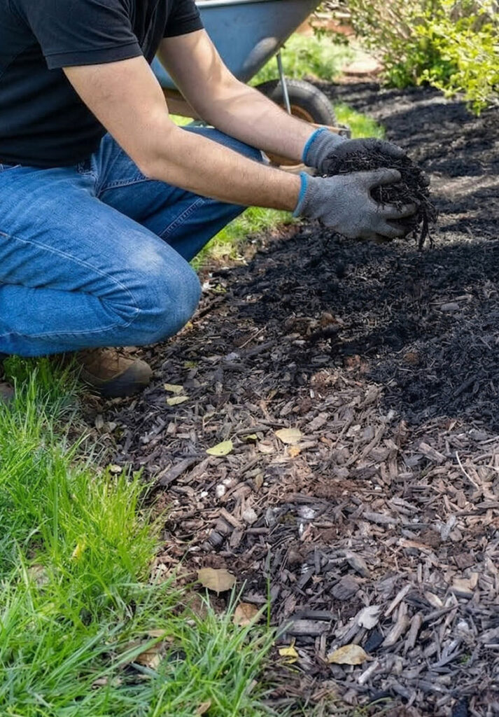 A person wearing gloves and jeans kneels in a garden, spreading dark mulch on the soil near green grass and plants. A wheelbarrow is visible in the background.