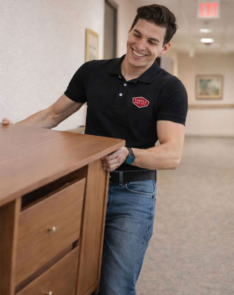 A smiling man wearing a black polo shirt and jeans is moving a wooden dresser in a hallway. The hallway has beige walls, artwork, and a visible exit sign in the background.