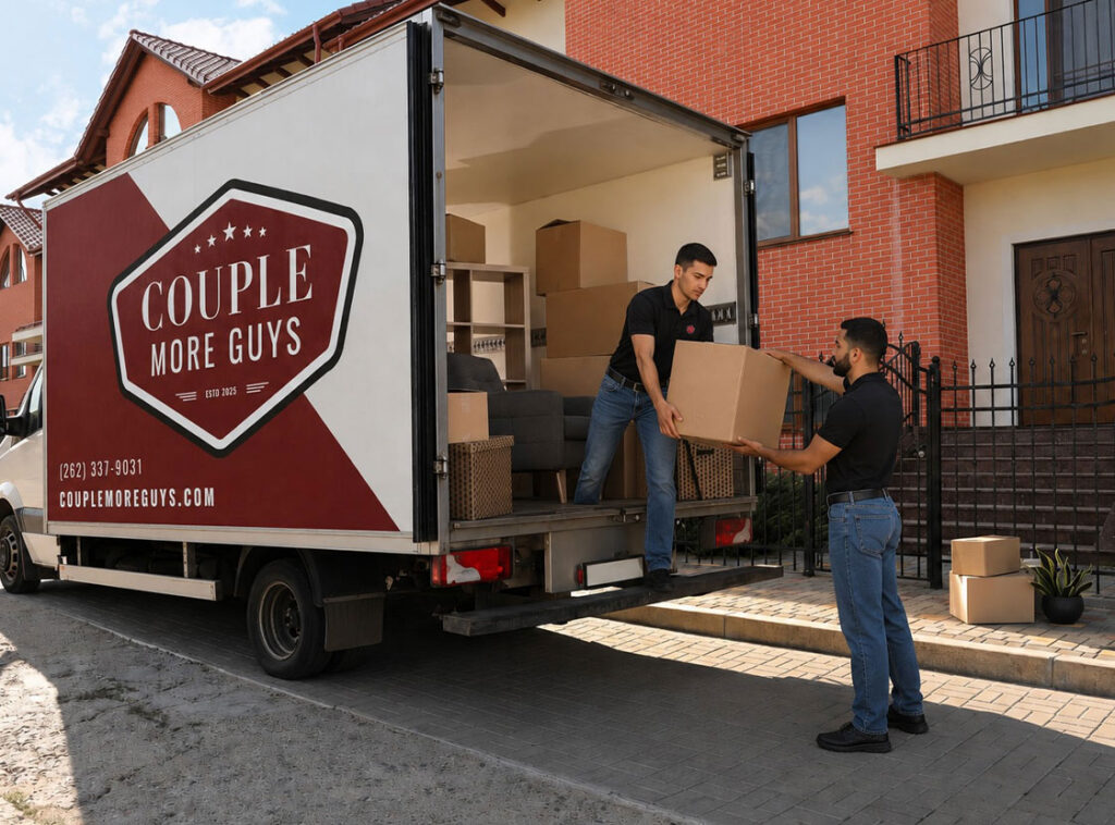 Two men unload boxes and furniture from a moving truck labeled Couple More Guys in front of a brick house on a sunny day.