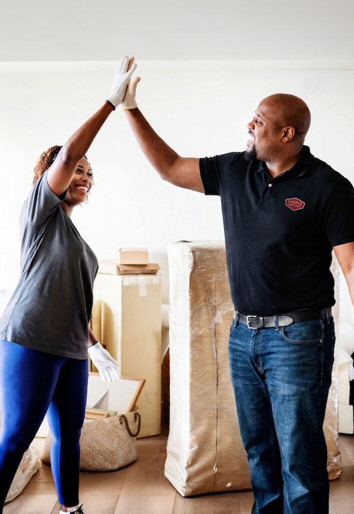 Two people smile and give each other a high five while standing in a room with moving boxes and wrapped furniture, appearing happy and successful.