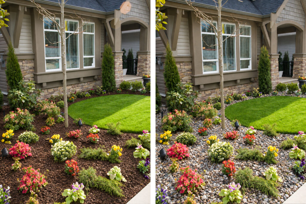 Side-by-side photos show the same garden; the left uses brown mulch, and the right uses light-colored rocks around colorful flowers and shrubs, beside a house with stone and siding.
